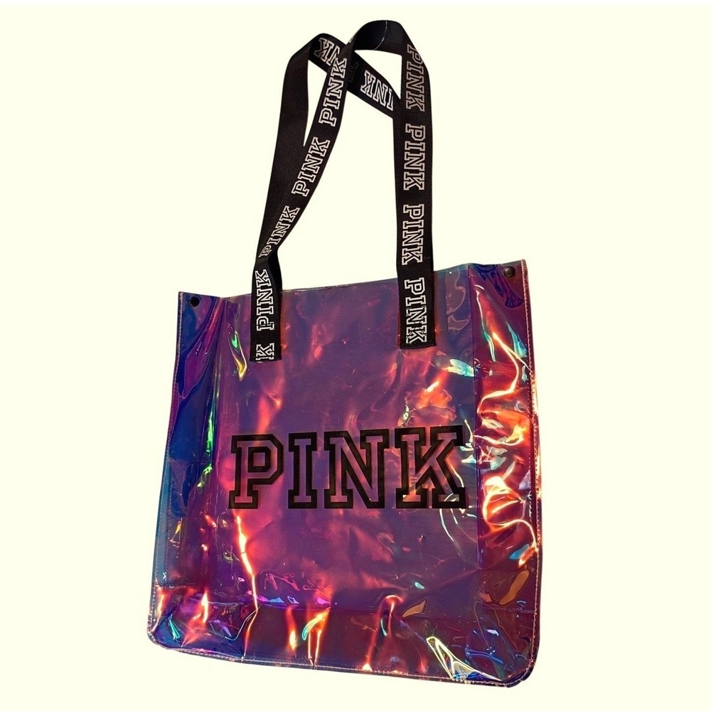Victoria's Secret PINK‎ Iridescent Holographic Tote Bag Purple Black Logo Straps